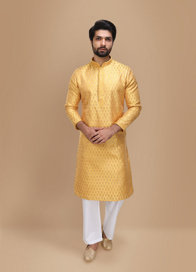 alt message - Manyavar Men Yellow Jacquard Kurta Set image number 1